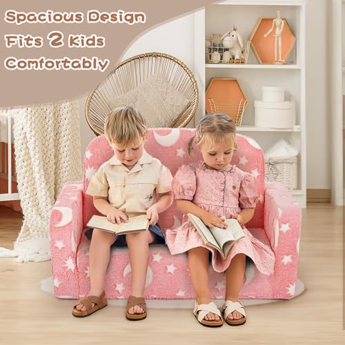 Foryoomi Extra Wide Kids Couch, Kids Sofa, Toddler Sofa, Glow in The Dark, 2-in-1 Soft Toddler Couch with Blanket and Pillow, Moon Style, Pink - color: Pink Moon
