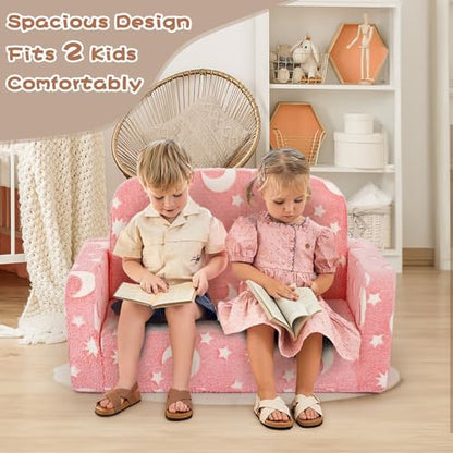 Foryoomi Extra Wide Kids Couch, Kids Sofa, Toddler Sofa, Glow in The Dark, 2-in-1 Soft Toddler Couch with Blanket and Pillow, Moon Style, Pink - color: Pink Moon