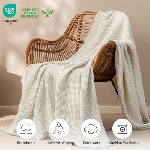 PHF 100% Cotton Muslin Throw Blanket 50" x 60", 4-Layer Lightweight and Breathable Blanket, Luxuriously Soft Gauze Throws for Couch Bed Sofa, Ideal Gift Choice, Oat Milk - color: Oat Milk, size: Throw(50"X60")