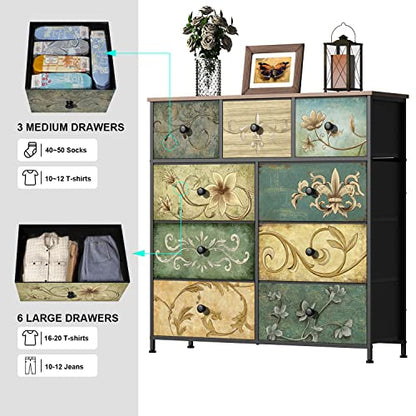 Dresser with Drawers for Bedroom Chest of Drawers Fabric Dresser for Closet,Nursery Entryway Hall Tree TV Stand for Living Room Retro Floral Pattern Drawers Wooden Top (9 Drawers) - size: 11.8"D x 39"W x 39.4"H (9 Drawers)