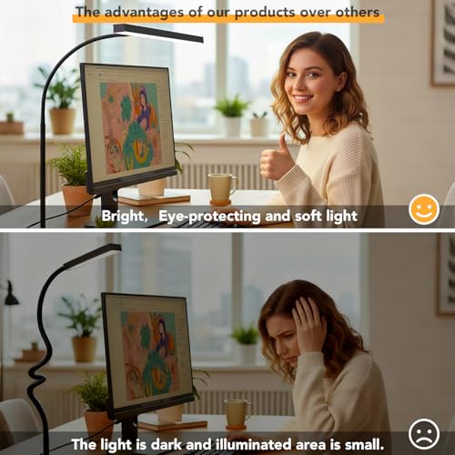 LED Desk Lamp with clamp, Remote Control Desk Lamp, 5 Color Modes & 10 Brightness Levels, 17'' Wide Light Bar, Eye Caring Gooseneck Desk Light, Adapter Included - color: Black