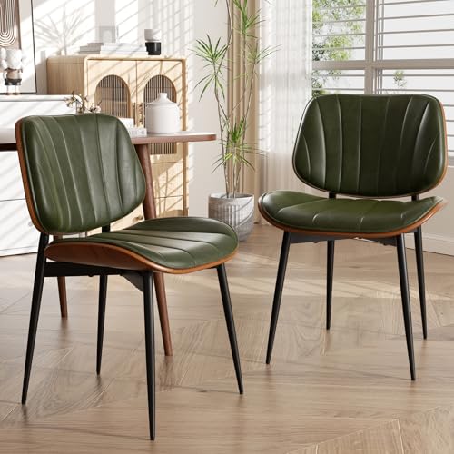 Dining Chairs Set of 4, Mid Century Modern Dining Room Chairs, Upholstered Faux Leather Kitchen Chairs with Walnut Bentwood Back and Metal Legs, Green - color: Green, size: Set of 4
