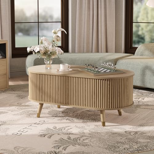 SULIVES Oval Coffee Table with Storage,Multifunctional Lift Top Drum Coffee Table, Small Fluted Center Table for Living Room, Oak - color: Oak_oval