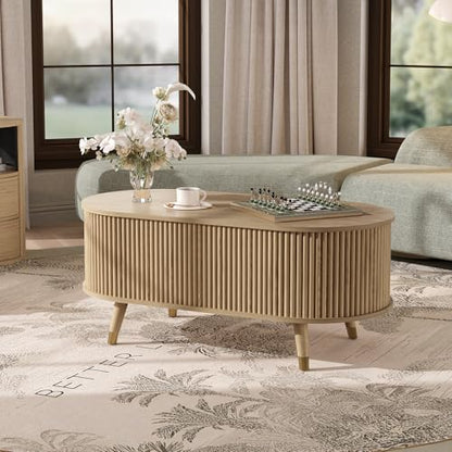 SULIVES Oval Coffee Table with Storage,Multifunctional Lift Top Drum Coffee Table, Small Fluted Center Table for Living Room, Oak - color: Oak_oval
