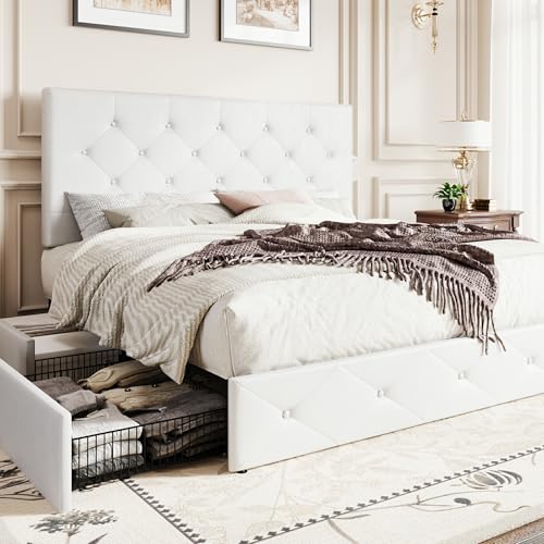SHA CERLIN Upholstered Queen Size Platform Storage Bed Frame | 4 Storage Drawers, Adjustable Headboard, Faux Leather Diamond Button Tufted, Wooden Slats, No Box Spring Needed, White - color: Pu White, size: Queen, style: Modern