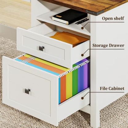 Farmhouse Executive Desk with Charging Station, 45″ Home Office Computer Desk with Drawer & Open Shelf, Writing Desk for Small Space,Antique White - color: Antique White