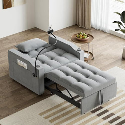 Sleeper Sofa Chair Bed 3 in 1 with Charging Ports, Phone Holder & Cup Holders - Modern Velvet Convertible Pull Out Single Sofa Bed for Small Spaces, Apartment, Dorm (Light Gray) - color: Light Gray