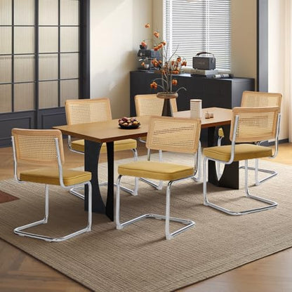 Rattan Dining Chairs Set of 6,Velvet Cesca Chair Kitchen Chair,Gold | VICBARLEY Mid Century Modern Dining Chairs,Wood Cane Backrest&Chrome Base,Upholstered Side Chair for Dining Room,Kitchen - color: Gold, size: Set of 6