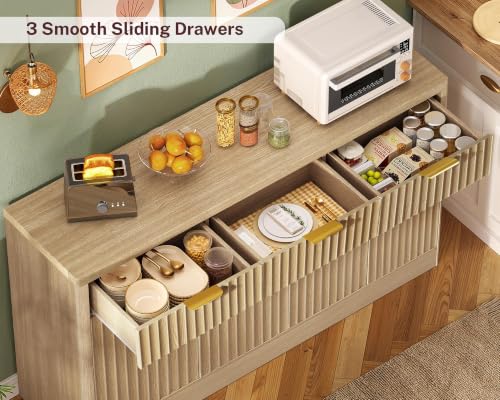 usikey 55" W Large Buffet Cabinet with Storage & Drawers, Sideboard Cabinet with 2 Adjustable Shelves & 4 Doors, Coffee Bar Station, Kitchen Storage Cabinets, Natural