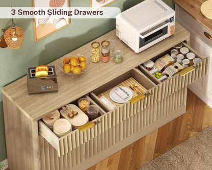 usikey 55" W Large Buffet Cabinet with Storage & Drawers, Sideboard Cabinet with 2 Adjustable Shelves & 4 Doors, Coffee Bar Station, Kitchen Storage Cabinets, Natural