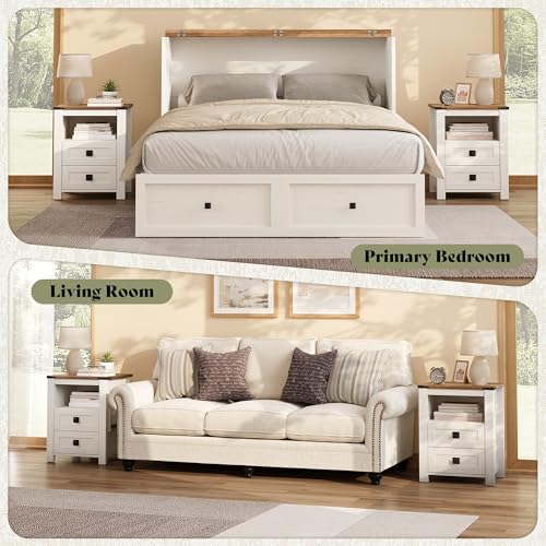 AMERLIFE Farmhouse Wood Nightstand Set of 2, End Table with Drawers, White | Narrow/Small 18" Bedside Table with Open Shelf, Wooden Night Stand for Bedroom/Home Office, Rustic White + Honey Brown - color: Rustic White + Honey Brown
