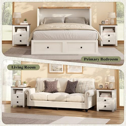 AMERLIFE Farmhouse Wood Nightstand Set of 2, End Table with Drawers, White | Narrow/Small 18" Bedside Table with Open Shelf, Wooden Night Stand for Bedroom/Home Office, Rustic White + Honey Brown - color: Rustic White + Honey Brown