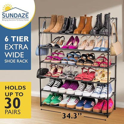 Sundaze Shoe Rack - 6 Tier Shoe Rack for Front Door Entrance, Sturdy Tall Shoe Organizer for Closet, Bedroom, Entryway, Garage, Non Woven Fabric Shelf, Black, Holds Up to 30 Pairs - size: 6 Tier (34.3" W)