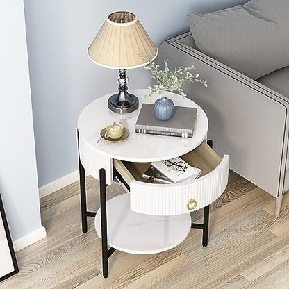 OIOG 2 Tier Nightstand, Bedside Table with Drawer, Sintered Stone/White | Round End Table, Modern Side Table, Drawer, Shelf, Metal Legs, Marbling Natural Stone, Living Room, Bedroom, Dorm, Office - color: White
