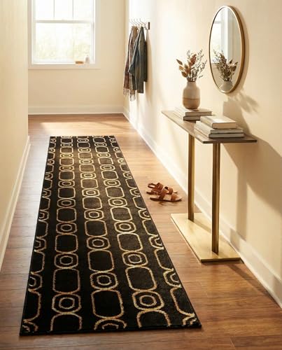 Rugs.com Vogue Geo Collection Rug – 6 Ft Runner Black Medium-Pile Rug Perfect for Hallways, Entryways - color: Black and Gold, size: 2' x 6' Runner