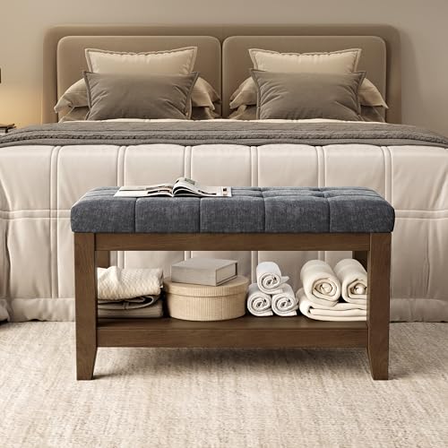 ABHENG Solid Rubber Wood Shoe Bench, Soft Chenille Material Upholstered Seat, 770LB Load Capacity, Multi-Storage for Entryway/Bedroom/Living Room, Vintage Style, 31.5"x15.7"x17.7", Dark Gray,UASND66G - color: Grey, size: 31.5"W x 15.7"D x 17.7"H