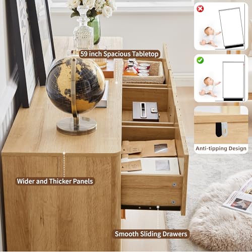 Fluted 9 Drawer Dresser,59"Wide Modern Chest of Drawers with Sturdy Base,Wood Closet Organizers,TV Stand,Storage Dresser with 9 Deep Drawers for Bedroom Living Room Hallway Entryway Nursery(Natural) - color: 9 Drawer Dresser Natural