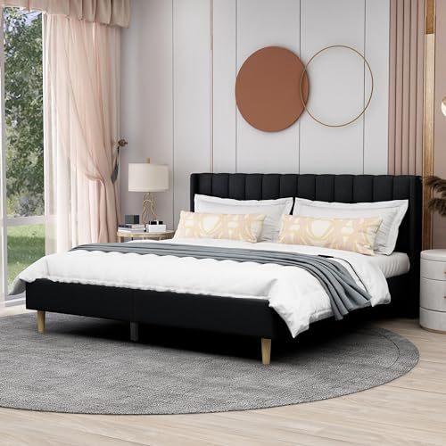 AGARTT Upholstered Platform Bed Frame King Size with Headboard and Footboard/Wooden Slats Support/No Box Spring Needed/Easy Assembly,Black Linen | Headboard and Footboard/Wooden Slats Support/No Box Spring Needed/Easy Assembly - color: Black Linen, size: