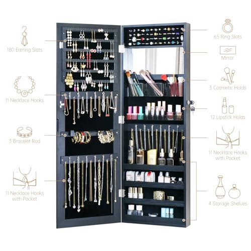 Full Length Mirror Jewelry Cabinet - 2-in-1 Organizer for Makeup and Jewelry,Lockable Door Wall-Mounted Jewelry Armoire with Shelves and Behind the Door Storage Black - color: Black, size: 43.3*14.6 Standard Mirror