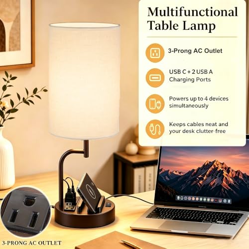 Dreamholder 2 Pack Table Lamp, Bedside Lamp with 3 USB Charging Ports & AC Outlet, USB Desk Lamp with 2 Phone Holders, Linen Fabric Shade Nightstand Lamps for Bedroom Living Room Office, Dark Brown - color: Dark Brown