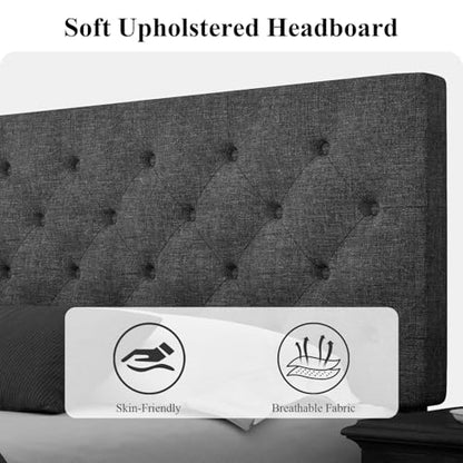 HOMBCK Queen Bed Frame, Linen Fabric Upholstered Bed Frame Queen Size, Wood Slats Support, Button Tufted, No Box Spring Needed, Dark Grey - color: Dark Grey, size: Queen