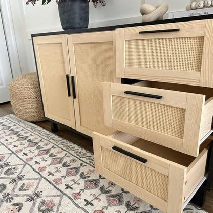 PHI VILLA Black Rattan Cabinet with Doors, Buffet Sideboard Cabinet with Drawers, 2 Door Storage Cabinets - color: Rattan 2