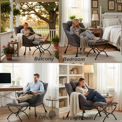 Lazy Chair with Ottoman, Comfy Accent Reading Chair, Dark Grey | Foldable Footrest,Removable Cover,with Armrests and Side Pockets,Upholstered Lounge Chair for Bedroom,Dorm,Office,Small Space - color: Dark Grey