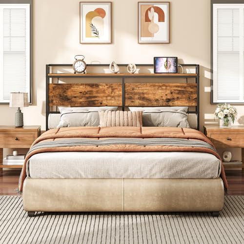 HOOBRO Headboard Full Size, Headboard with 2 Outlets and 4 USB Ports, Adjustable Height, Storage Rack, Sturdy and Stable, Easy Assembly, Rustic Brown and Black - color: Rustic Brown + Black, size: Full