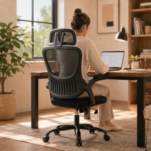 Black Ergonomic Office Chair, High Back Mesh Desk Chair with Adjustable Headrest Lumbar Support, Computer Chairs with Flip-up Armrests and Thickened Cushion for Adults Home Office, 360° Swivel - color: Black With Headrest