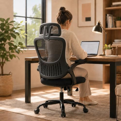 Black Ergonomic Office Chair, High Back Mesh Desk Chair with Adjustable Headrest Lumbar Support, Computer Chairs with Flip-up Armrests and Thickened Cushion for Adults Home Office, 360° Swivel - color: Black With Headrest