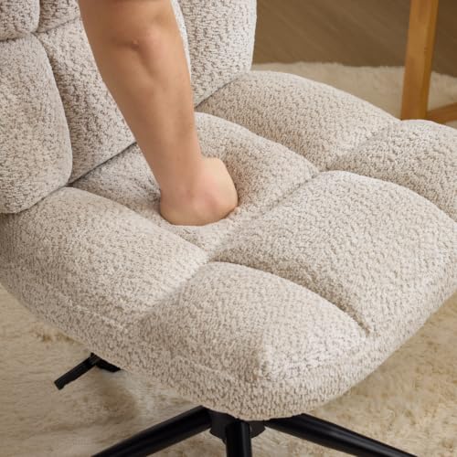 VINGLI Cute Armless Small Vanity Chair w/Plush Cushion &Fluffy Backrest, Comfy Swivel Chenille Office Desk Chair with 360° Wheels, Height Adjustable Makeup Chair for Bedroom&Dressing Room, Khaki - color: Khaki