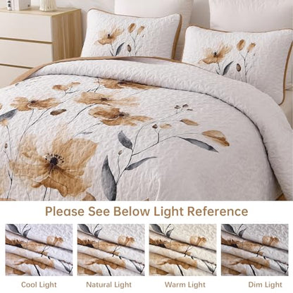 Mybedsoul Full/Queen Quilt Set Brown, 3 Pcs Fall Bedspreads & Coverlets Set | Summer Lightweight Farmhouse Botanical Bedding Set with 2 Shams, Reversible Polyester Coverlet Set for All Seasons, 96"x90" - color: Brown, size: Queen96"x90"
