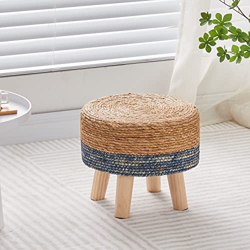 Cpintltr Foot Stool Natural Seagrass Hand Weave Poufs Round Ottoman for Couch Desk Soft Step Stool Padded Foot Rest with Non-Skid Pine Legs for Hallway Office Lounge Natural/Blue - color: Blue