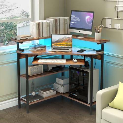 Triangle Corner Desk with Charging Station and LED Light for Small Space | Corner Desk with Monitor Stand & Keyboard Tray, Gaming Computer Desk with Storage Shelves for Home Office (Rustic) - color: Rustic Plus
