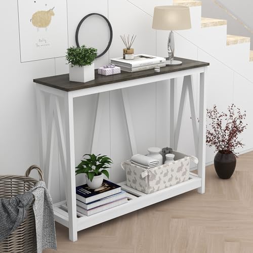 Entryway Table, 39" Farmhouse Console Table with Shelf Narrow Foyer Table | | 2-Tier Open Shelf,V-Shape Anti-Tip Legs,Slim Narrow Design,30-Min Easy Assembly,Sofa Table Use,Two-Tone Finish,Dark Oak - color: Dark Oak