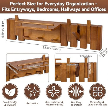 Nuanchu Wall Mounted Coat Rack with Shelf, Walnut Wood Piano Key Hanger with 7 Magnetic Flip Hooks for Entryway Closet Bedroom Bathroom Kitchen