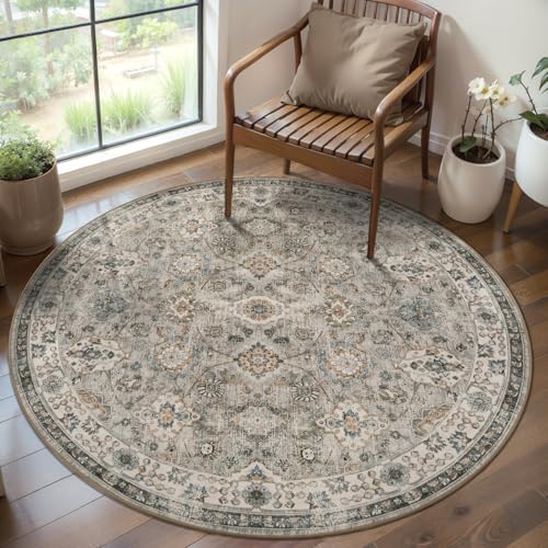 Tangsoo Round Rug 3ft Washable Small Circle Rug Non Slip,Vintage Beige Rug | Soft Low Pile Boho Floral Circular Rug, Washable Farmhouse Round Carpet for Bedroom,Entryway,Nursery,Dorm,Office,Dinning Room - color: Distressed Beige Grey, size: 3' X 3' (Round