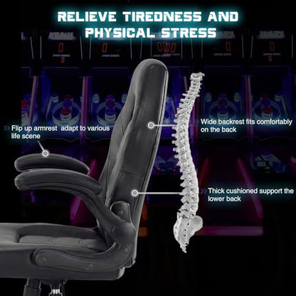 Sweetcrispy Computer Gaming Chair, Home Office Desk Chair, PU Leather | Big Tall Ergonomic, Flip-up Armrest, 360 Swivel Wheels, PU Leather Height Adjustable, Home Computer, Black - color: Black