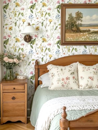 Jeweluck Floral Peel and Stick Wallpaper Wildflower Leaf 16.9"x118.1" | Flower Wallpaper Peel and Stick Self Adhesive Watercolor Dandelion Wildflower Contact Paper Removable Wall Decor Paper Vinyl - size: 16.9" x 118.1"