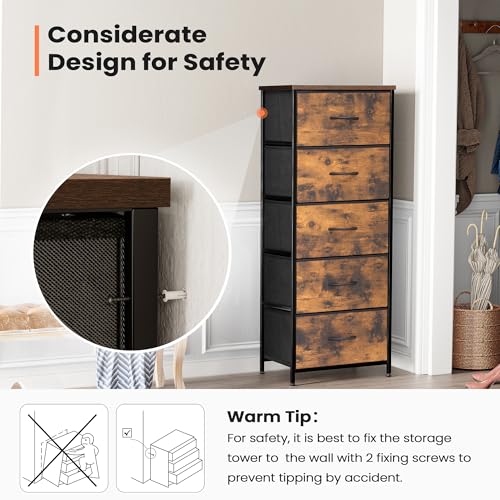Tall Dresser Vertical Fabric Storage Tower, 5 Drawers (Rustic Brown) | Sturdy Steel Frame, Wood Top and Easy Pull Handle, Space-saving Organizer for Clothes, Bedroom, Hallway, Entryway, Closets - color: Rustic Brown, style: Narrow