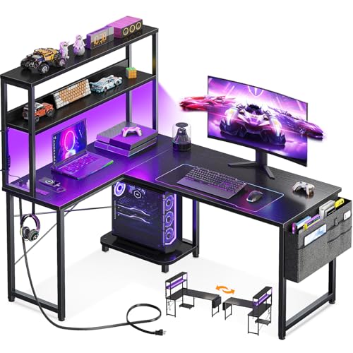 AODK L Shaped Desk Gaming Desk with LED Light & Power Outlet | 43 Inch Black Reversible L Shaped Computer Table with Shelf, Corner Desk with Storage Bag&Hook for Home Office Desk - color: Black, size: 43 Inch