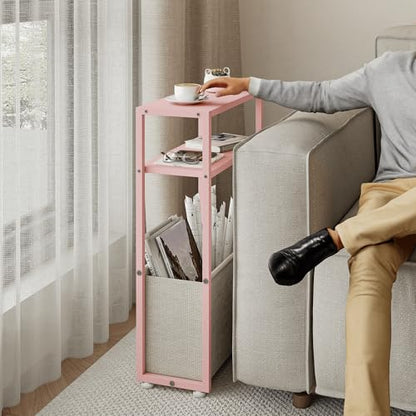 Leomonio Narrow Side Table, Slim End Tables with Fabric Basket, Skinny Table for Small Spaces, Thin Bedside Table for Living Room, Bedroom (1, Jelly Pink + Cream White) - color: Jelly Pink + Cream White
