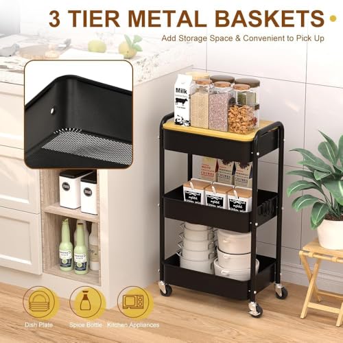 3 Tier Metal Utility Cart, Rolling Storage Cart with Wooden Tabletop, Metal Organizer Cart with Lockable Wheels for Office, Bedroom, Kitchen and Living Room (Black) - color: Black
