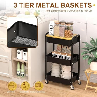3 Tier Metal Utility Cart, Rolling Storage Cart with Wooden Tabletop, Metal Organizer Cart with Lockable Wheels for Office, Bedroom, Kitchen and Living Room (Black) - color: Black