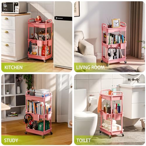 Sorgion 3 Tier Rolling Cart Organizer,Laundry Room Bathroom Organizers and Storage Office Shelves Mobile Shelving Unit Kitchen Trolley Cart with Wheels for Art,Craft,Diaper,Bedside,Snack(Pink) - size: 3Tier-Pink