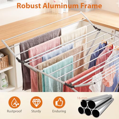 Tangkula Collapsible X-Shaped Freestanding Clothes Drying Rack | Sturdy Aluminum Frame | 2 Foldable Wings & 14 Drying Poles | Space-Saving | for Laundry Room, Balcony, Patio