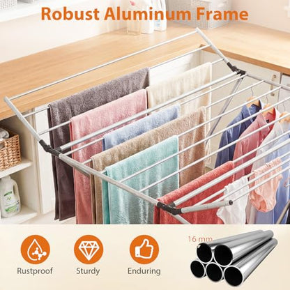 Tangkula Collapsible X-Shaped Freestanding Clothes Drying Rack | Sturdy Aluminum Frame | 2 Foldable Wings & 14 Drying Poles | Space-Saving | for Laundry Room, Balcony, Patio
