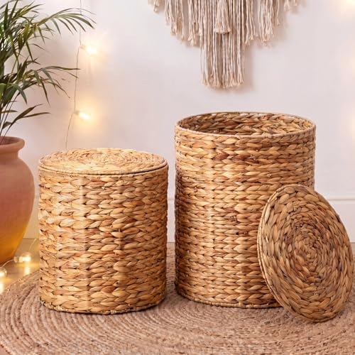 Novabright 2 Pcs Round Storage Ottoman with Lid 15.7" and 13" Natural Handwoven Water Hyacinth Footstool for Living Room Bedroom Entryway Bathroom Home Office