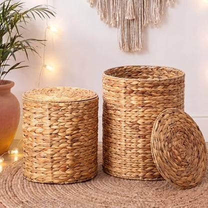 Novabright 2 Pcs Round Storage Ottoman with Lid 15.7" and 13" Natural Handwoven Water Hyacinth Footstool for Living Room Bedroom Entryway Bathroom Home Office