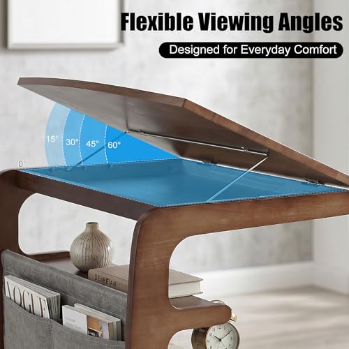 100% Solid Wood C Shaped End Table with Swivel Wheels, Lift Top Couch Table with Storage, Rolling Table that Slide Under Sofa & Bed, 15.75" D x 23.62" W x 24.8" H